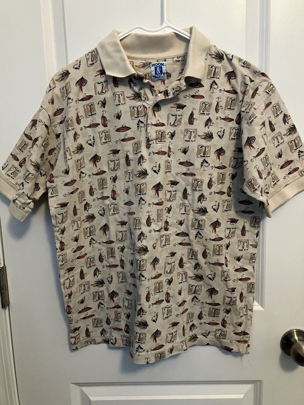 Hook & Tackle Mens Medium Polo Shirt fishing lures vintage 90s Y2K